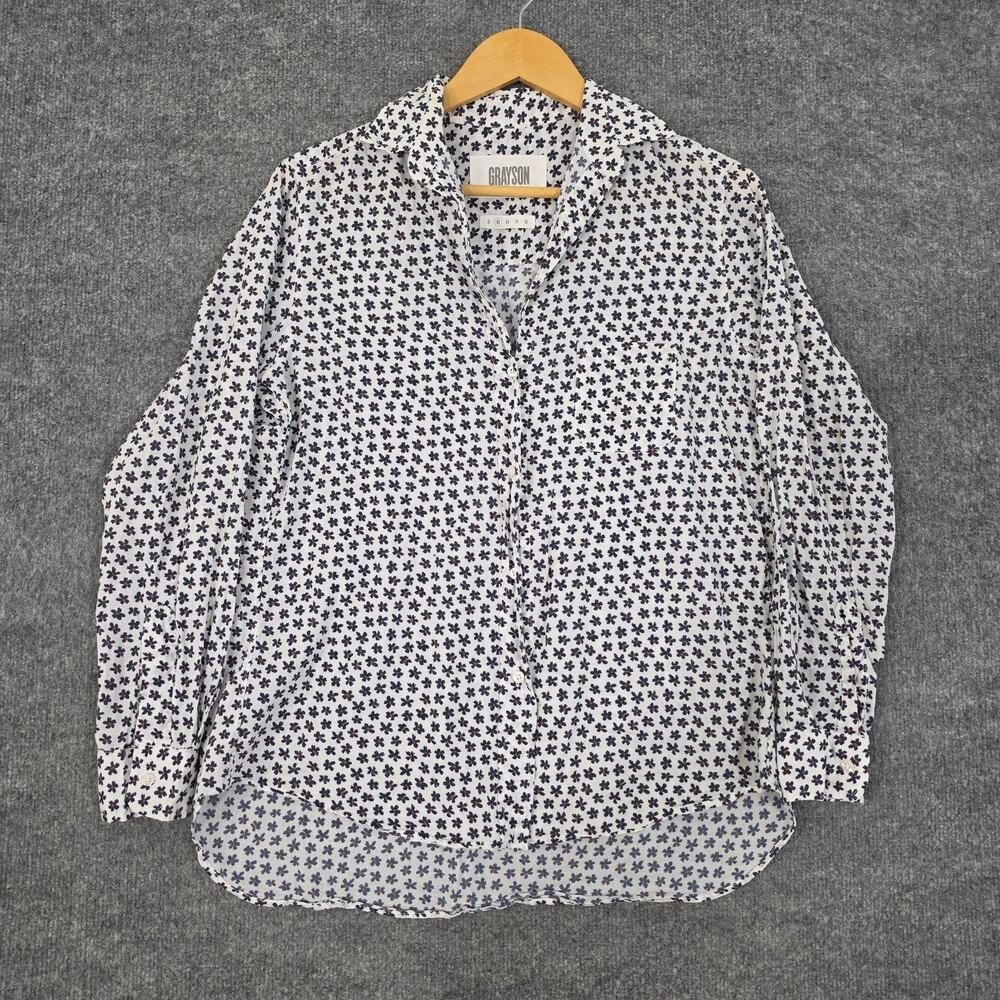 Grayson Shirt Women 2 The Hero Button Up Top Floral White Navy Office Work Chic